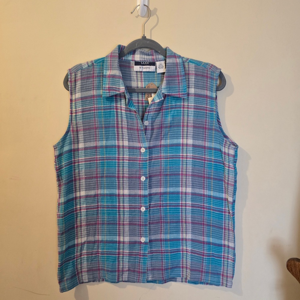 Sara Studio Vintage Sleeveless Plaid Button Down Top Turquoise Purple Cotton L
